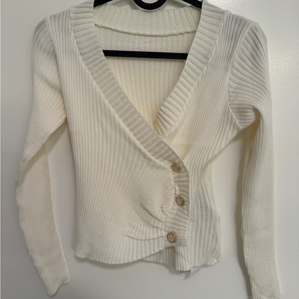Theory Cream Ribbed Cardigan Sweater